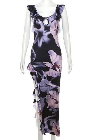 Floral Print Deep V Evening Gown