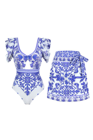 Print Ruffle Sleeve Swimsuit Set
