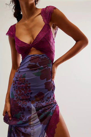 Cut-Out Floral Dress with Lace Trim