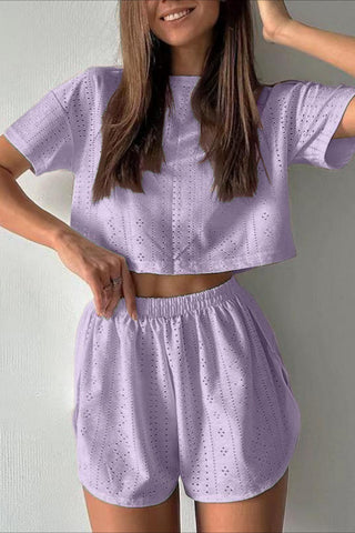 Eyelet Crop Top and Elastic Waist Shorts Set