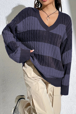 Striped V-Neck Cable Sweater