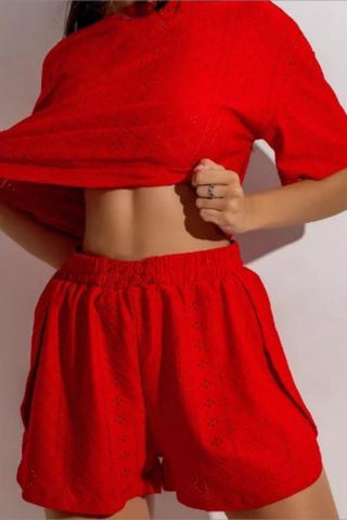 Eyelet Crop Top and Elastic Waist Shorts Set