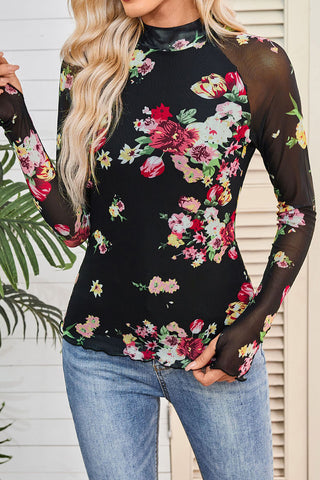 Floral High-Neck Long Sleeve Blouse