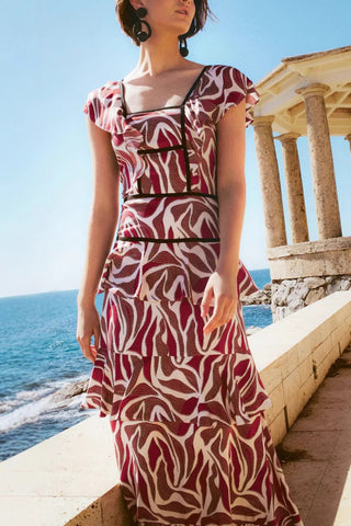 Digital Print Ruffle Backless Dress