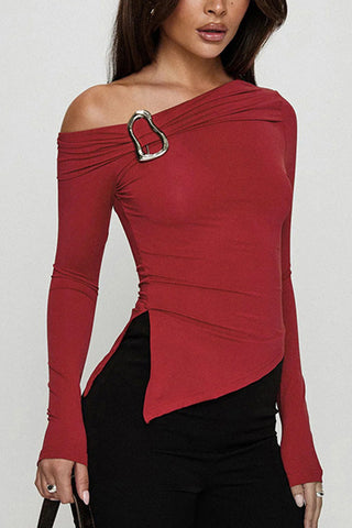 Asymmetrical One-Shoulder Tee with Buckle