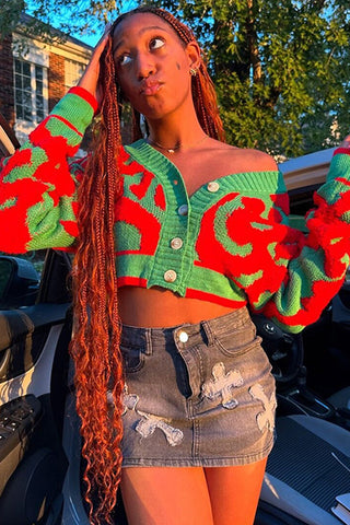 Buttoned Knit Cardigan with Artistic Pattern