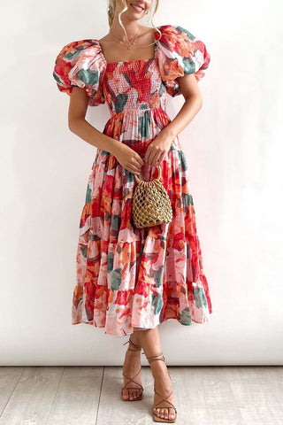 Puff-Sleeve Smocked Midi Dress