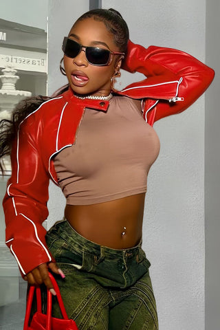 Zip-Front Cropped Jacket with Contrast Trim