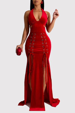 Lace-Up Halter Maxi Dress