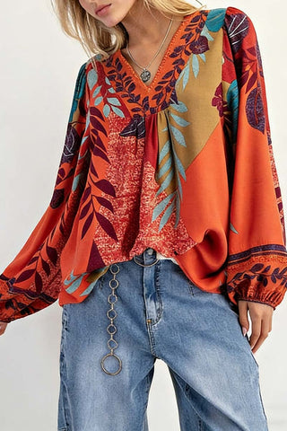 Patterned Blouse with V-Neck Detail