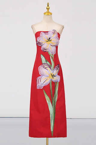 Strapless Floral Midi Dress