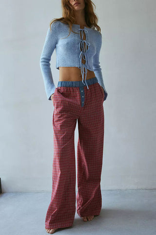 Button-Detail Plaid Casual Pants