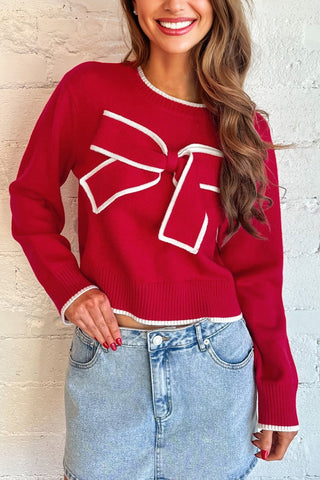 Contrast Trim Bow Holiday Sweater