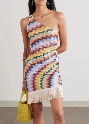One-Shoulder Fringe Hem Mini Dress
