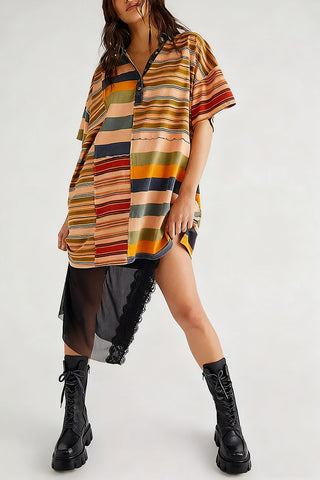 Striped Casual Belted Shirt Dress