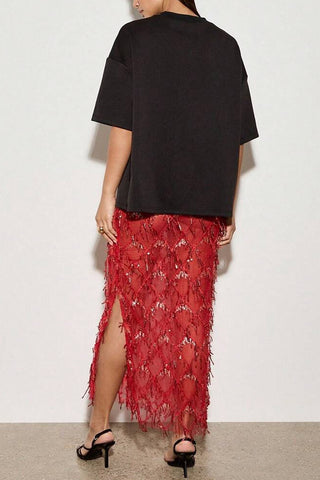 Fringe Midi Skirt with Side Slit