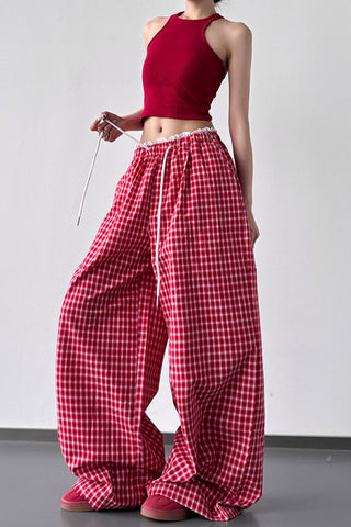 Wide-Leg Gingham Casual Pants