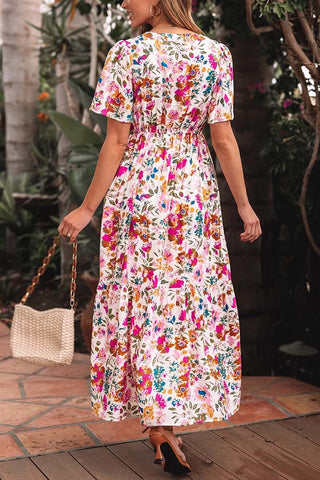 Floral Short Sleeve V Neck Maxi Dress