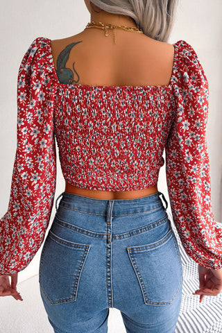 Floral Puff Sleeve Tie Front Blouse