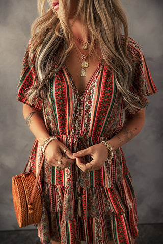 Bohemian Print Tiered Mini Dress