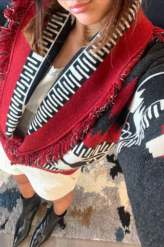 Patterned Fringe Cardigan Sweater