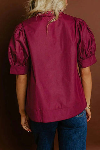 Embellished V Neck Puff Sleeve Blouse