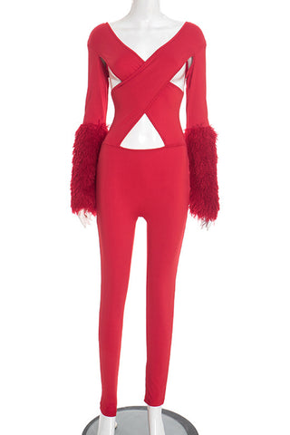 Cutout Long-Sleeve Jumpsuit with Fluffy Cuffs