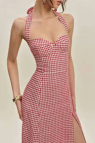 Halter Neck Gingham Midi Dress