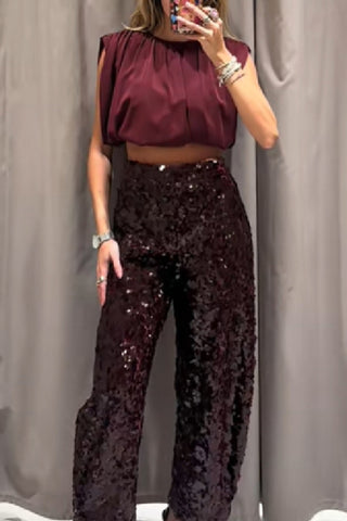Fur Trim Top & Sequin Pants Set