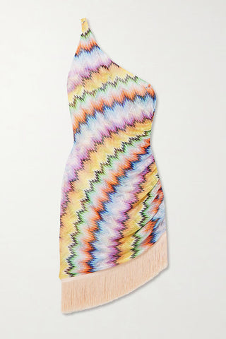 One-Shoulder Fringe Hem Mini Dress