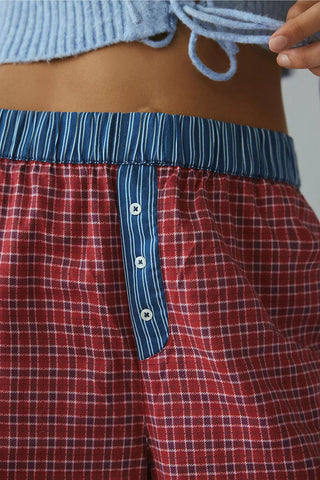 Button-Detail Plaid Casual Pants