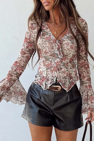 Floral Print Stitched Tie V Neck Blouse