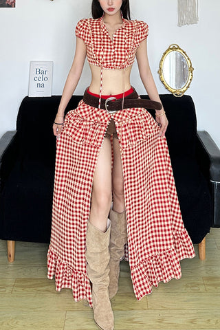 Gingham Ruffle Split Skirt