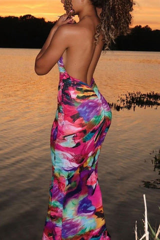 Halter Neck Maxi Dress with Artistic Print