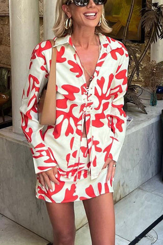 Leaf Print Short Set with Tie Details