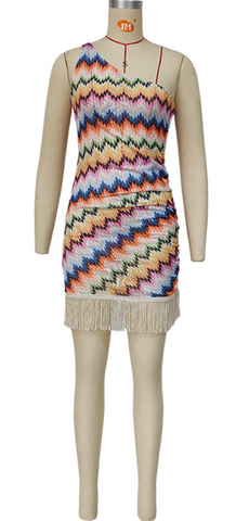 One-Shoulder Fringe Hem Mini Dress