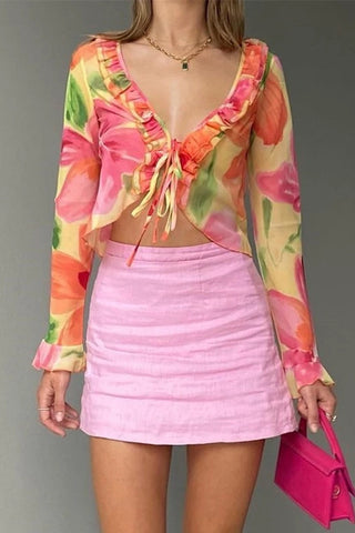 Floral Ruffle Tie-Front Blouse