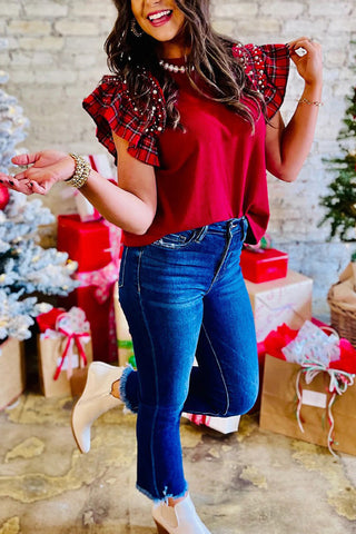 Ruffle Sleeve Plaid Blouse