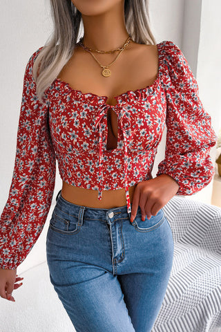 Floral Puff Sleeve Tie Front Blouse
