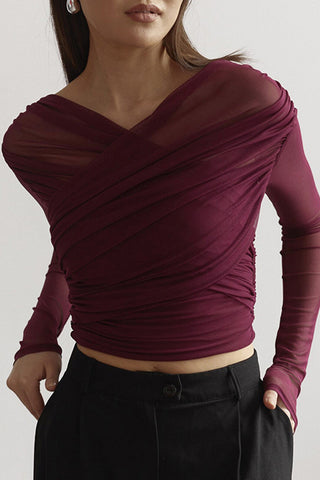Ruched Mesh Long Sleeve Blouse
