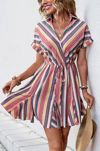Plunge Neck Striped Tie-Waist Mini Dress