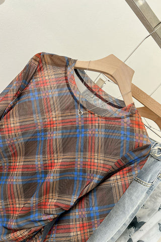Sheer Plaid Long Sleeve Blouse