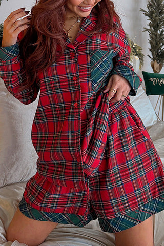 Festive Plaid Patched 2-Piece Pajama Set
