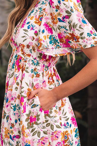 Floral Short Sleeve V Neck Maxi Dress