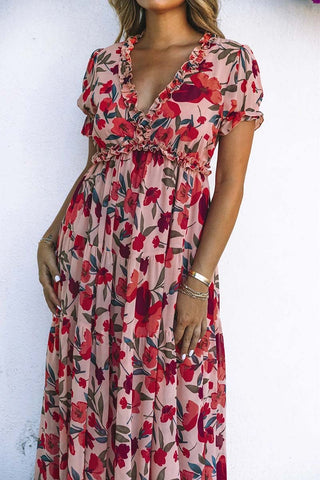 Floral Frilled V Neck Short Sleeve Maxi Dress