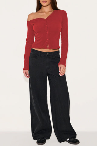 Asymmetric Buttoned Off-Shoulder  Top