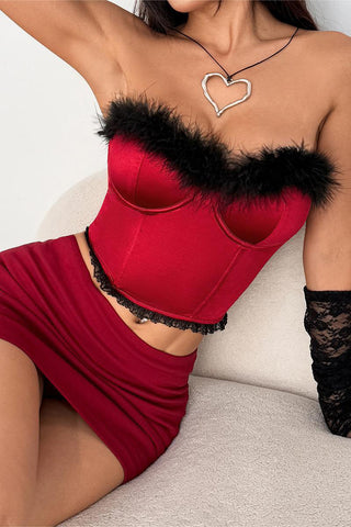 Feather-Trim Strapless Bustier Top