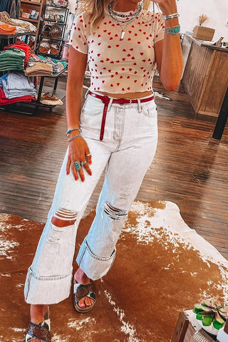 Sheer Heart Print Short Sleeve Top
