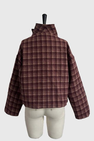 High-Neck Buttoned Plaid Jacket