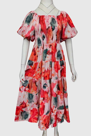 Puff-Sleeve Smocked Midi Dress